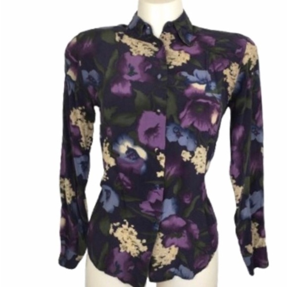 Allison Taylor Silk Blouse Dark Floral Button Up Women’s Size S Purple Feminine - Picture 1 of 10